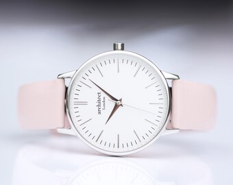 Women's Personalized Watch | Handwriting Engraved | Silver Bezel | Pink Leather Strap | Handcrafted Gift