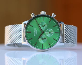 Men's Personalized Watch, Architect Motivator Envy Green Dial, Silver Strap, Modern Engraved Design, Handcrafted Customized Gift for Him