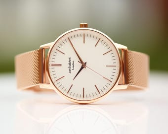 Women's Personalized Watch | Blanc | Modern Font Engraved  | Rose Gold Mesh Strap | Handcrafted Gift