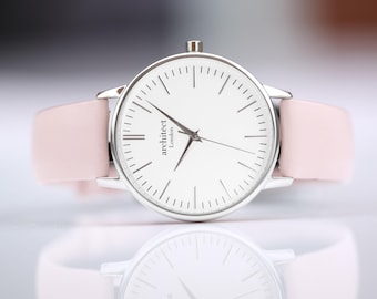 Women's Personalized Watch | Silver | Modern Font Engraved | Light Pink Leather Strap | Handcrafted Gift