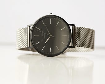 Men's Personalized Watch | Handwriting Engraved | Minimalist | Silver Mesh Strap | Handcrafted Gift