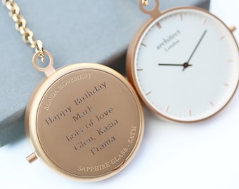 Reloj de bolsillo personalizado / Oro rosa / Grabado con fuente moderna / Regalo artesanal