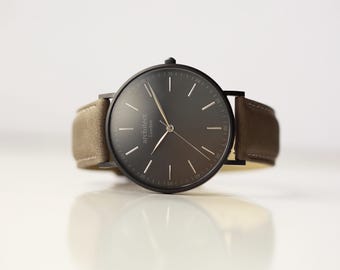 Gepersonaliseerd herenhorloge | Handschrift gegraveerd | Minimalistisch | Stedelijk grijze band | Handgemaakt cadeau