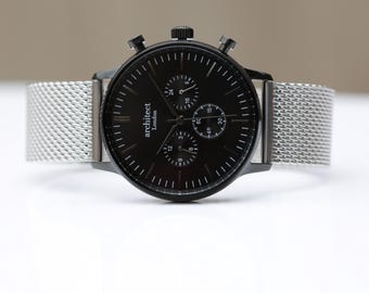 Men's Personalized Watch | Own Handwriting Engraved | Black Face | Silver Strap | Handcrafted Gift