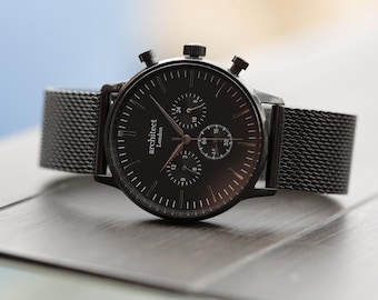 Reloj personalizado para hombre / Grabado a mano / Esfera negra / Correa de malla negra / Regalo artesanal