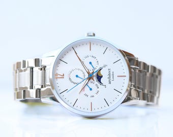 Men's Personalized Watch | Apollo White Moonphase | Handwriting Engraved | Handcrafted Gift
