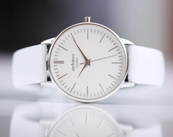 Women's Personalized Watch | Silver Bezel | Modern Font Engraved | White Leather Strap | Handcrafted Gift