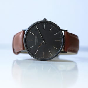 Personalised Handwriting Engraved Men&#39;s Minimalist Watch + Walnut Strap Birthday Anniversary Gift