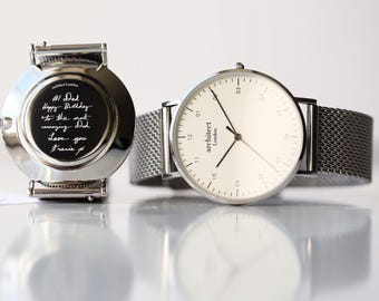 Men's Personalized Watch | Own Handwriting Engraved | Silver Mesh Strap | Handcrafted Gift