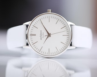 Women's Personalized Watch | Handwriting Engraved | Silver Bezel | White Leather Strap | Handcrafted Gift