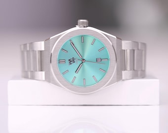 Gepersonaliseerd herenhorloge | Oceaanblauwe golf | Handschrift gegraveerd | Handgemaakt cadeau