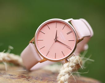 Women's Personalized Watch | Coral | Modern Font Engraved | Light Pink Leather Strap | Handcrafted Gift
