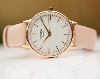 Women's Personalized Watch | Handwriting Engraved | Pink Leather Strap | Handcrafted Gift