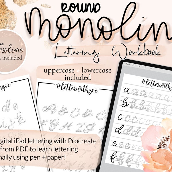 Monoline Bounce Lettering Procreate Pinsel, Arbeitsmappen-Kit, moderne Kalligraphie Brush Lettering Übungsblätter, druckbare Arbeitsblätter