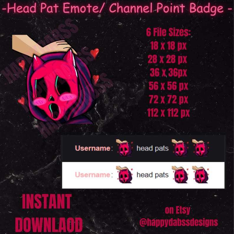 May include: A digital download graphic featuring a pink, cartoon-style character with a Scream mask design, with the text "Head Pat Emote/ Channel Point Badge." The image includes file size information and a username example.