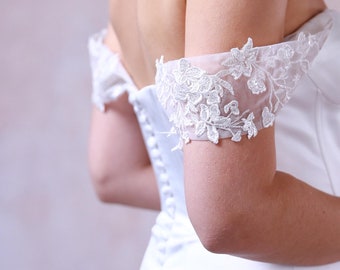 Bridal Lace Straps - Beaded Lace, Off Shoulder Sleeves -  Bronwyn