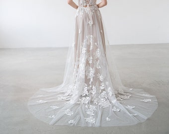 Removable lace overskirt, Bridal overskirt, Lace and tulle overskirt, Beaded lace overskirt, Lace train - Jasmine