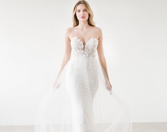 Ivy - Removable pearl overskirt, Soft tulle overskirt with pearls, Bridal separates, Bridal overskirt, Bridal train with pearls, RO24001