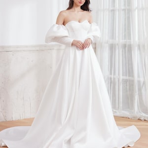 Aeron - Satin dress with pop sleeves, Off shoulder Dress, Off-Shoulder Wedding Dress, pop sleeves bridal dress, D24012