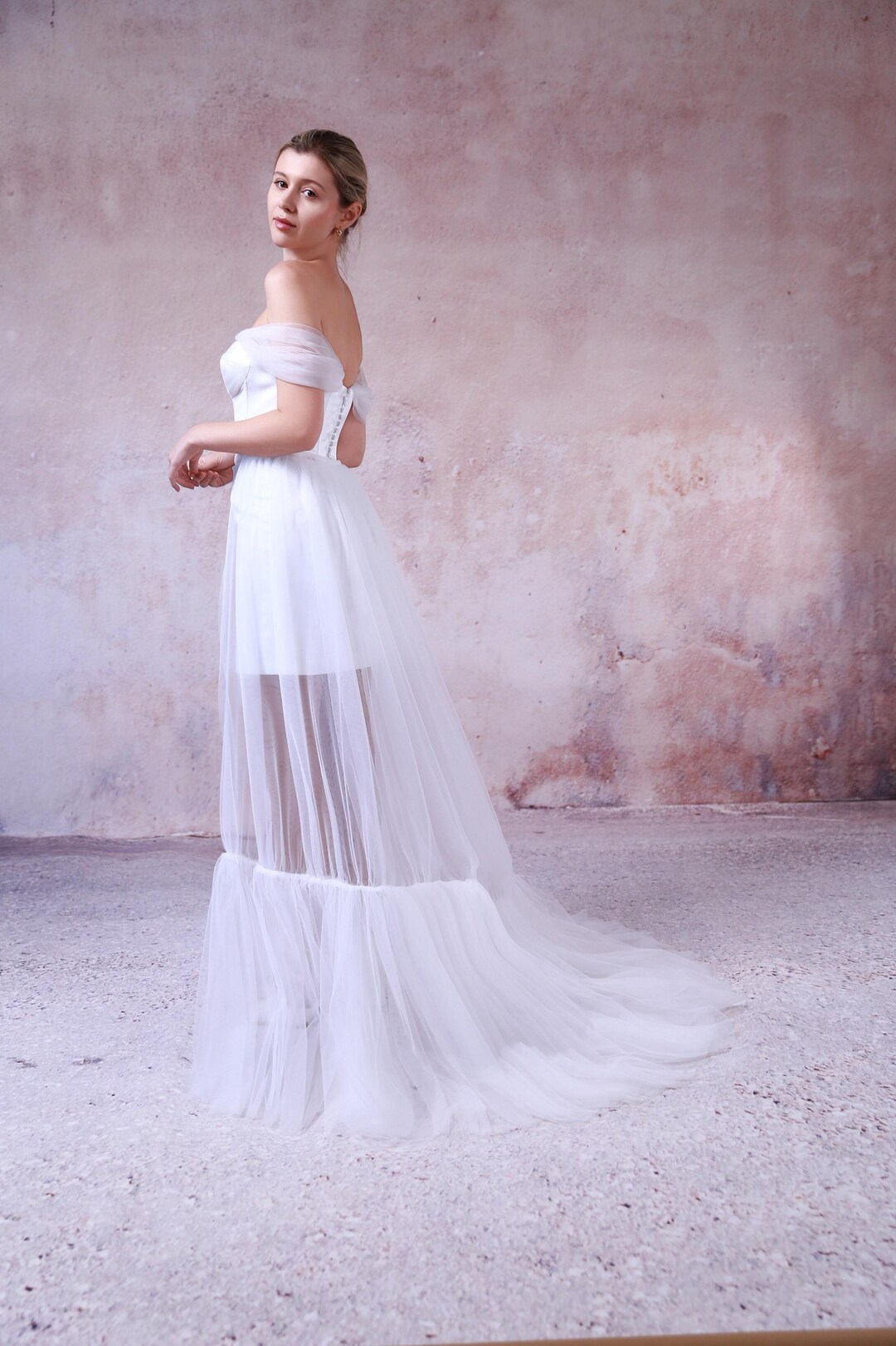 Dust Ruffle Train Marlie - Open Front Ruffle Train, 2 Tier Tulle Train, Bridal Train ...