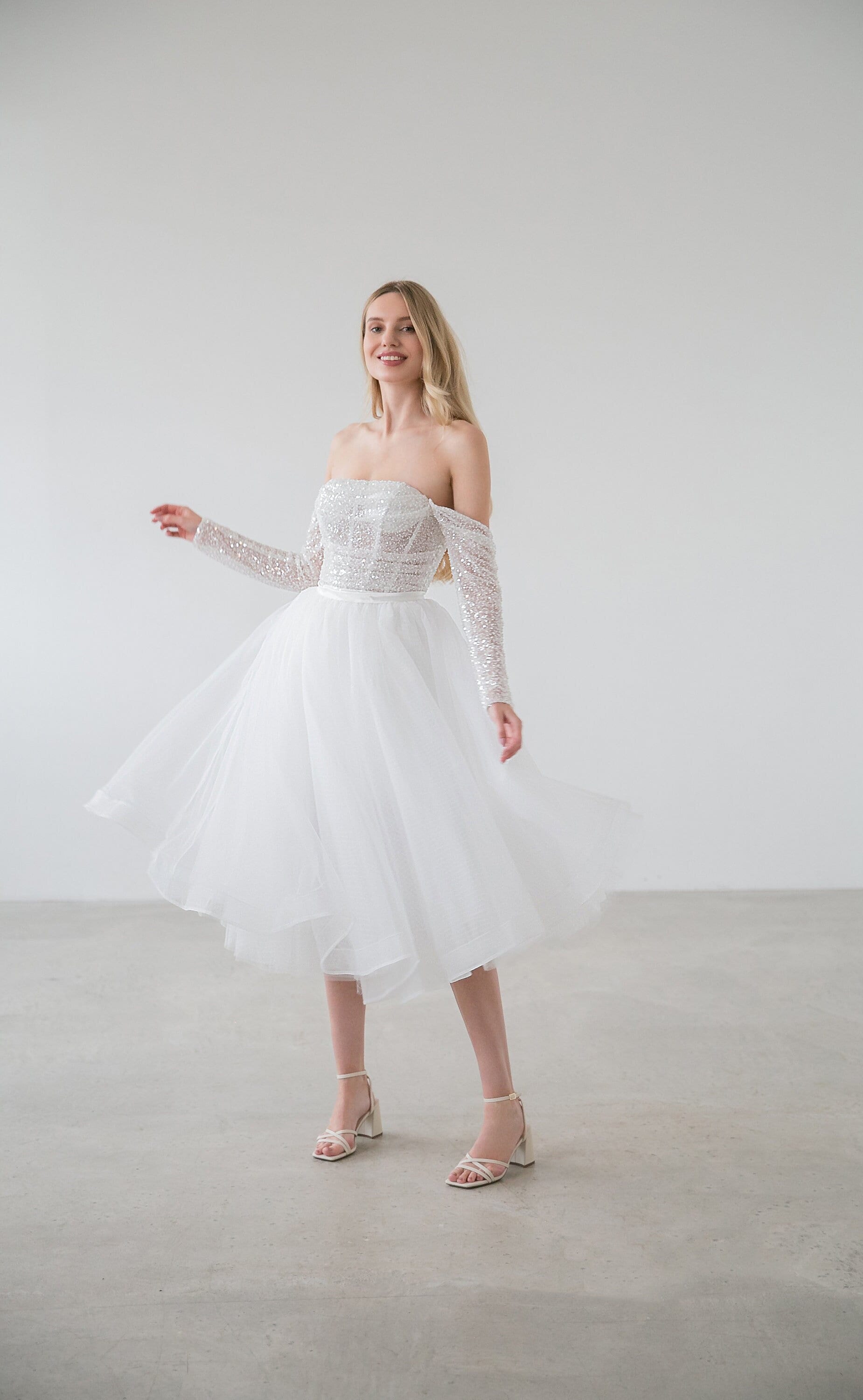 strapless open back dress Tassels White Sequin Mermaid Horsehair Prom Dress