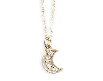 petite diamond moon charm necklace, crescent moon, celestial - 14k yellow, rose and white gold