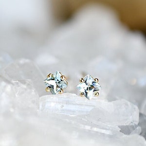 princess cut aquamarine stud earrings, handmade & eco friendly 14k yellow, rose and white gold image 1