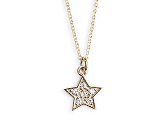 petite diamond star charm necklace, celestial,  - 14k yellow, rose and white gold