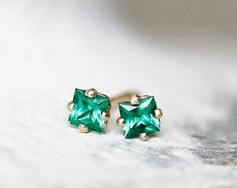 princess cut chatham emerald stud earrings, handmade & eco friendly, square earrings