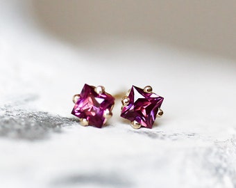 princess cut rhodolite garnet studs, handmade & eco friendly, square earrings