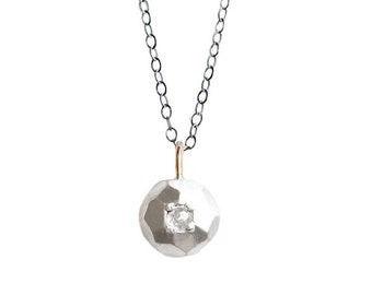 mixed metals faceted rose cut diamond pebble necklace, one of a kind, sterling silver and 14k gold