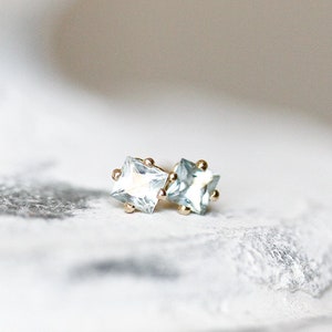 princess cut aquamarine stud earrings, handmade & eco friendly 14k yellow, rose and white gold image 2