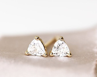 trillion cut stud earrings, options with moissanite, diamonds or white sapphire,  handmade & eco friendly