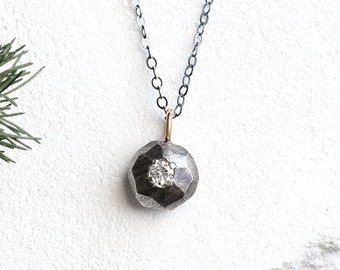 oxidized mixed metals faceted moissanite pebble necklace, one of a kind, sterling silver and 14k gold