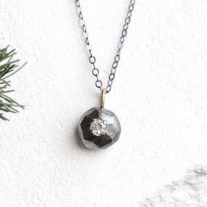 oxidized mixed metals faceted moissanite pebble necklace, one of a kind, sterling silver and 14k gold