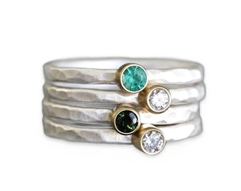 gemstone and diamond stacking rings, mixed metals, 14k gold and sterling silver, rustic band, green tourmaline, diamond, emerald, moissanite