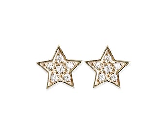 diamond star stud earrings, celestial earrings, handmade and eco friendly - 14k yellow, rose and white gold