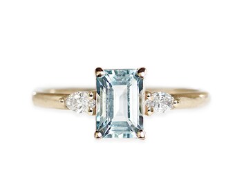 emerald cut aquamarine and diamond ring, multi stone ring, made with SCS recycled 14k and 18k gold