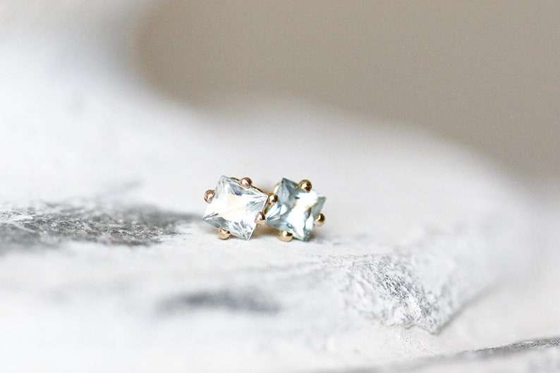 princess cut aquamarine stud earrings, handmade & eco friendly 14k yellow, rose and white gold image 2