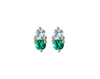 aquamarine and lab emerald studs, handmade & eco friendly - 14k yellow gold or sterling silver