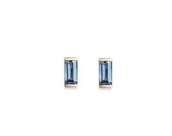 london blue topaz baguette stud earrings, handmade and eco friendly - 14k yellow, rose and white gold