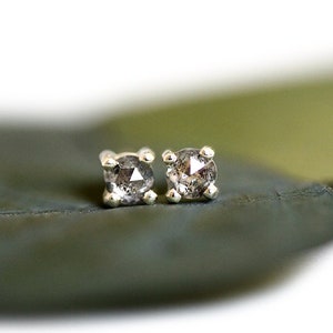 salt and pepper diamond stud earrings, handmade and eco friendly, rose cut diamonds 14k yellow, rose and white gold image 4