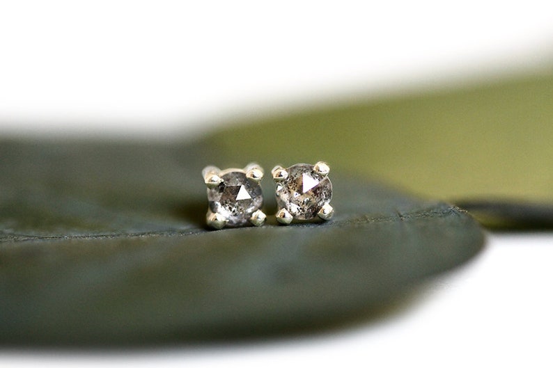 salt and pepper diamond stud earrings, handmade and eco friendly, rose cut diamonds 14k yellow, rose and white gold image 4