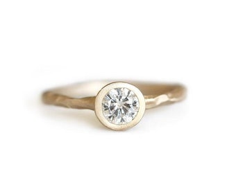 rustic carved moissanite ring, eco friendly, 14k gold engagement ring, alternative diamond, ethical, wedding ring, solitaire ring
