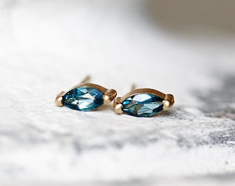 london blue topaz marquise stud earrings, handmade and eco friendly - 14k yellow, rose and white gold