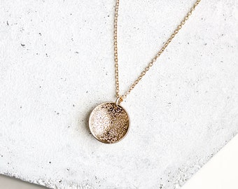 14k gold stardust charm necklace, sparkle disk necklace  - 14k yellow and rose gold