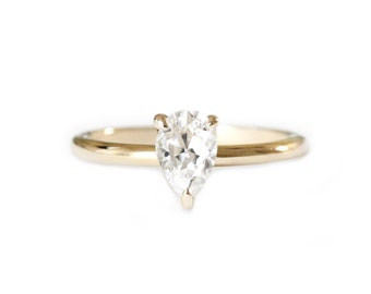 pear moissanite claw prong ring, made with SCS recycled 14k and 18k gold, solitaire ring