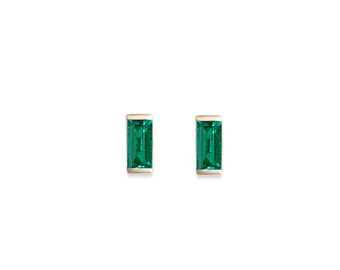 lab grown emerald baguette stud earrings, handmade and eco friendly - 14k yellow, rose and white gold