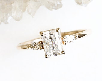 marina emerald cut moissanite ring, made with SCS recycled 14k and 18k gold