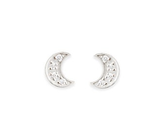 sterling silver diamond crescent moon studs, lunar earrings, handmade and eco friendly, minimalist and modern